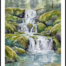 Cascade Song original watercolor featuring a cascading forest waterfall flowing over moss-covered rocks into a tranquil reflective pool surrounded by evergreen trees in the Pacific Northwest, Oregon fine art watercolor by Diana Vodjansky