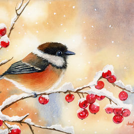 Winter Berries original watercolor wildlife painting featuring a chickadee perched on snow-covered branches with vibrant red winter berries, softly falling snow, and a warm glowing background, inspired by the joy of the holiday season, fine art watercolor by Diana Vodjansky