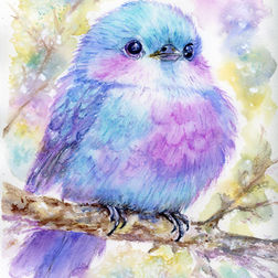 Little Puff original watercolor featuring a fluffy pastel blue and lavender songbird perched on a branch with a soft luminous watercolor background by Diana Vodjansky