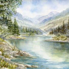 Serene mountain lake watercolor landscape with pine forest, misty hills, and soft atmospheric light