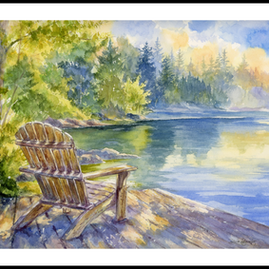 Morning Stillness original watercolor landscape featuring an Adirondack chair overlooking a peaceful mountain lake surrounded by evergreen forests in the Pacific Northwest, Oregon fine art watercolor by Diana Vodjansky