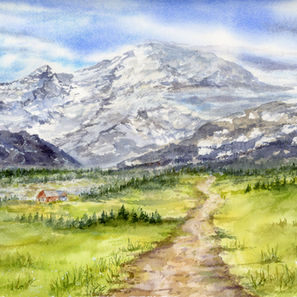 Watercolor painting of Mount Rainier with alpine meadow, winding path, and distant cabin in Washington landscape. Mount Rainier Watercolor Painting – Alpine Meadow Landscape – Pacific Northwest Wall Art