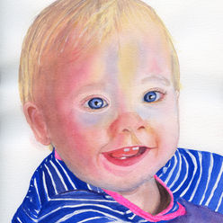 Original watercolor portrait titled Itty Bit Sparkle showing a smiling blond toddler with bright blue eyes wearing a blue striped hoodie, painted with transparent watercolor by Pacific Northwest artist Diana Vodjansky.