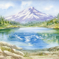 Watercolor painting of Mount Hood reflected in Trillium Lake Oregon with evergreen forest and bright alpine sky