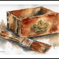 The Restorer’s Touch watercolor by Diana Vodjansky featuring a weathered wooden drawer with antique brass handle and well-used restoration paintbrush in warm gold, rust and brown tones