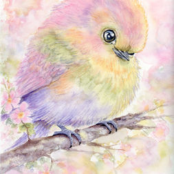 Blossom Puff original watercolor featuring a fluffy pastel songbird perched on a flowering branch with soft pink blossoms and luminous spring colors by Diana Vodjansky