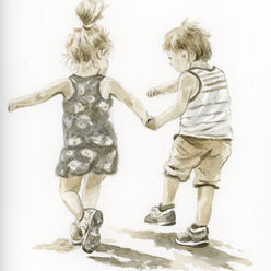 In Tandem original watercolor featuring two young children holding hands while walking together, painted in a soft monochromatic watercolor style with expressive brushwork and abundant white space by Diana Vodjansky