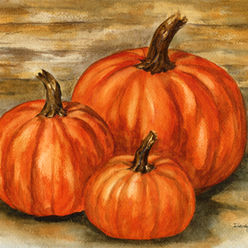 Original watercolor painting of three vibrant orange pumpkins against a rustic wooden background, autumn still life artwork celebrating the harvest season by Diana Vodjansky