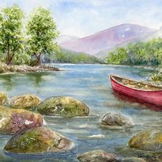 Watercolor red canoe resting beside mossy river stones on calm flowing water with trees and distant mountains