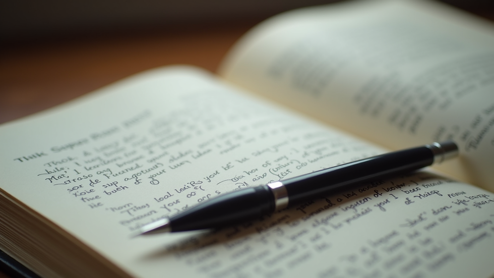 Close-up view of a book open to a page with notes and a pen beside it