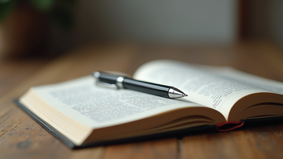 Close-up view of an open book with a pen on a wooden table