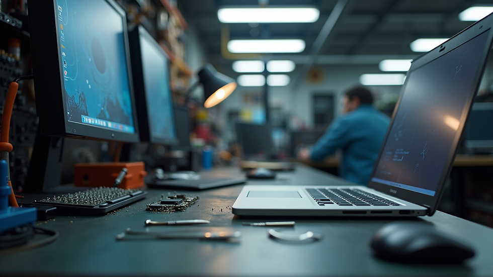 Eye-level view of a computer repair shop with tools and a laptop on the desk