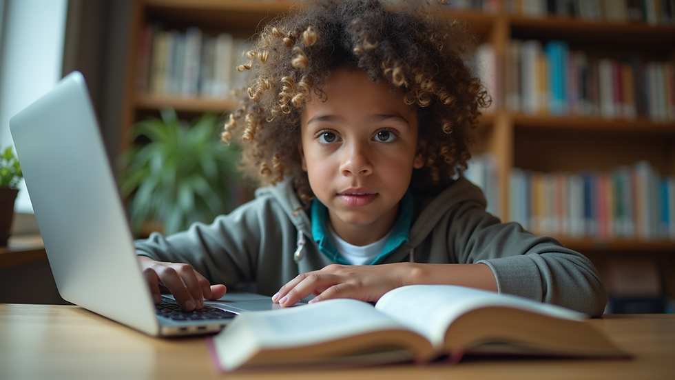 Eye-level view of a student studying with books and a laptop