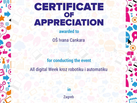 ZAHVALA ZA ORGANIZACIJU DOGAĐANJA ALL DIGITAL WEEK KROZ ROBOTIKU I AUTOMATIKU