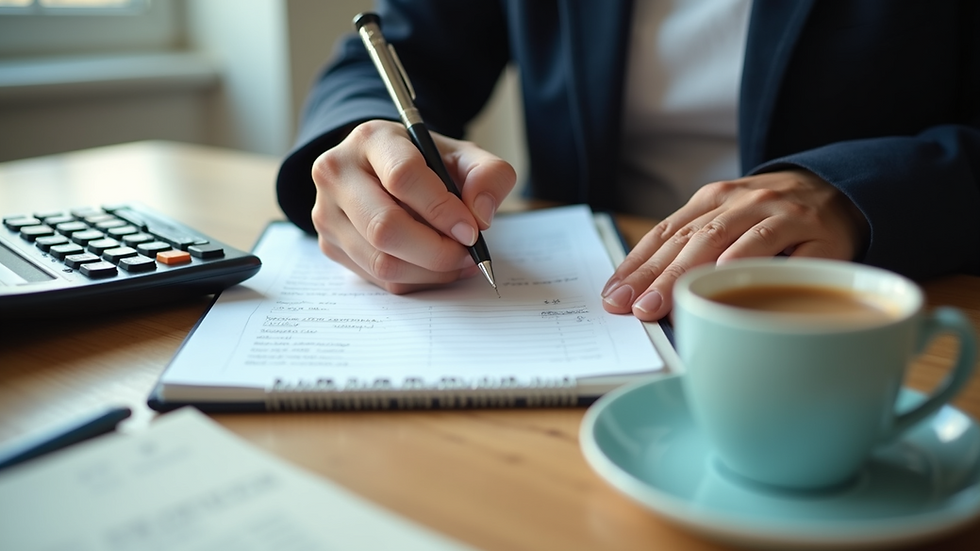 Eye-level view of a person writing in a notebook with a calculator and a cup of coffee