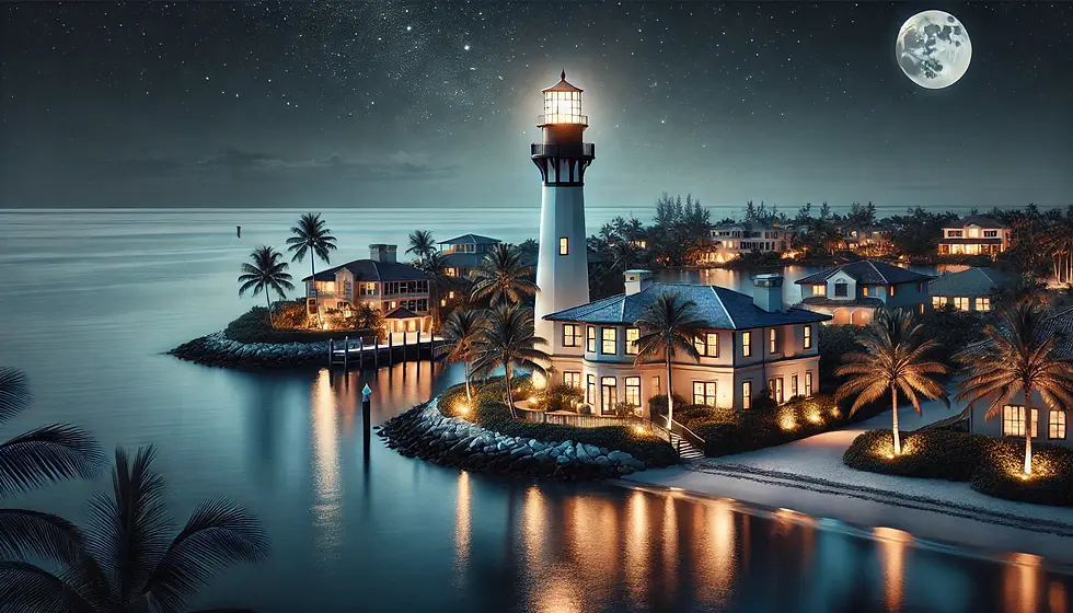 DALL·E 2025-01-14 17.46.53 - A serene night-time view of Lighthouse Point, Florida, featur