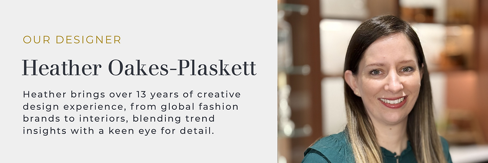 A profile photo of kitchen Designer, Heather Oakes-Plaskett' with the short blurb: "Heather brings over 13 years of creative design experience, from global fashion brands to interiors, blending trend insights with a keen eye for detail."