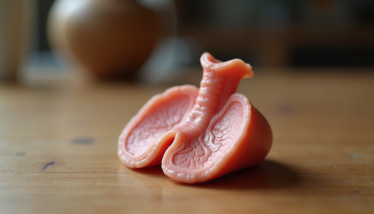 Close-up view of a human thyroid gland model on a wooden table