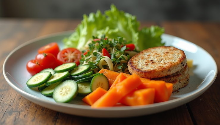 Eye-level view of a balanced plate with colorful vegetables, lean protein, and healthy fats