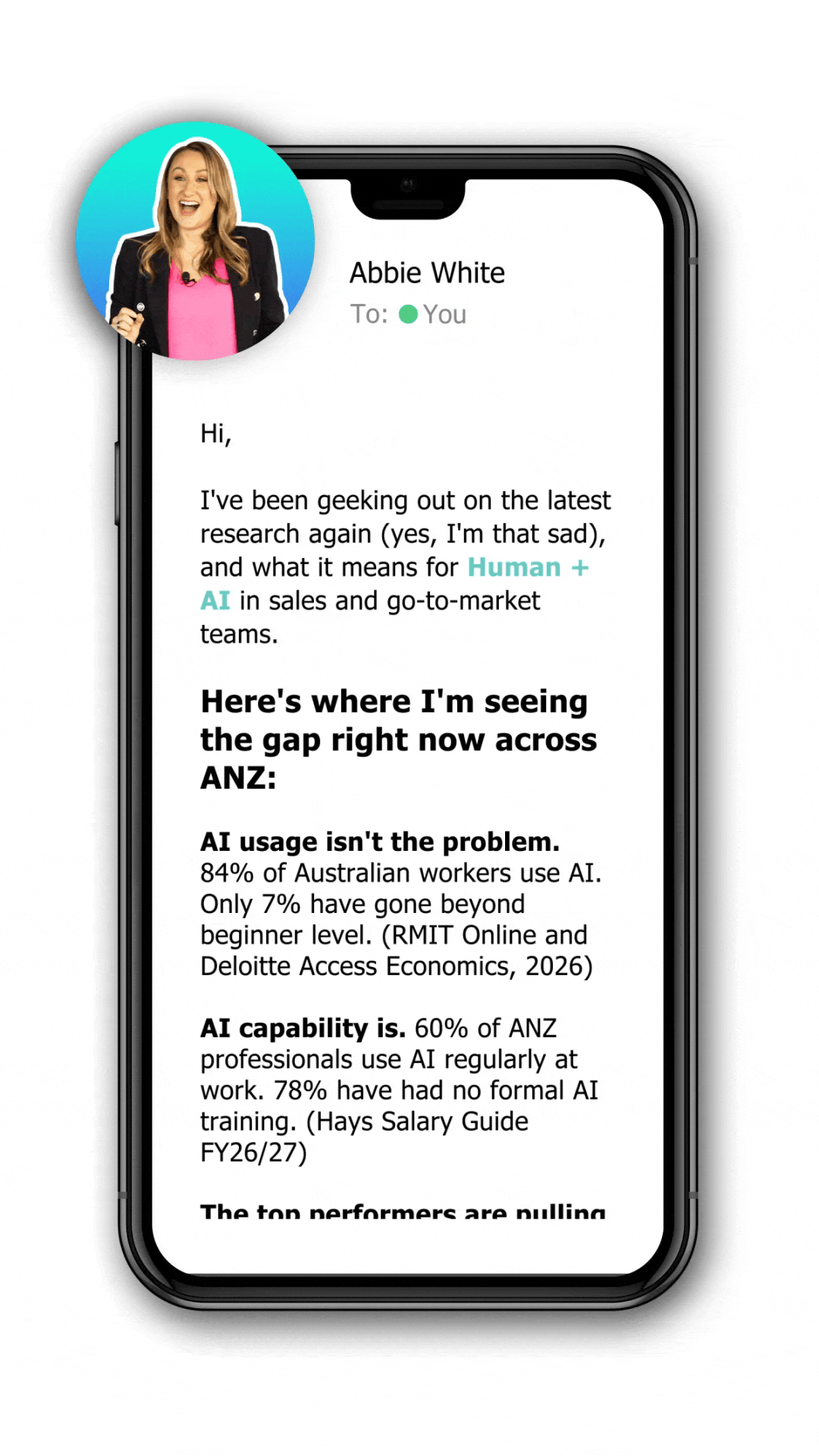 Animated preview of the Inside Scoop newsletter from Sales Redefined CEO Abbie White, featuring a snippet of our latest edition on the Human + AI opportunity for sales and go-to-market teams