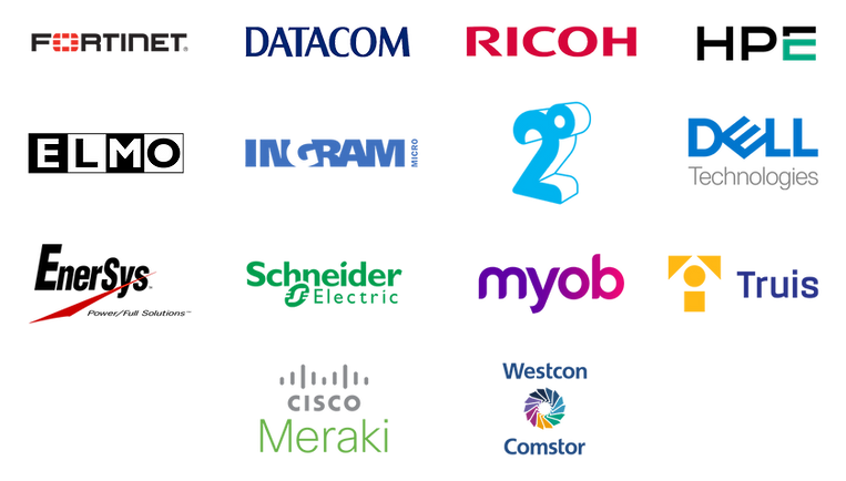 Logos of Sales Redefined's clients in the IT, Tech, SaaS, and Telco industries: Fortinet, Datacom, Ricoh, HPE, ELMO, Ingram Micro, 2degrees, Dell Technologies, EnerSys, Schneider Electric, MYOB, Truis, Cisco Meraki, and Westcon Comstor