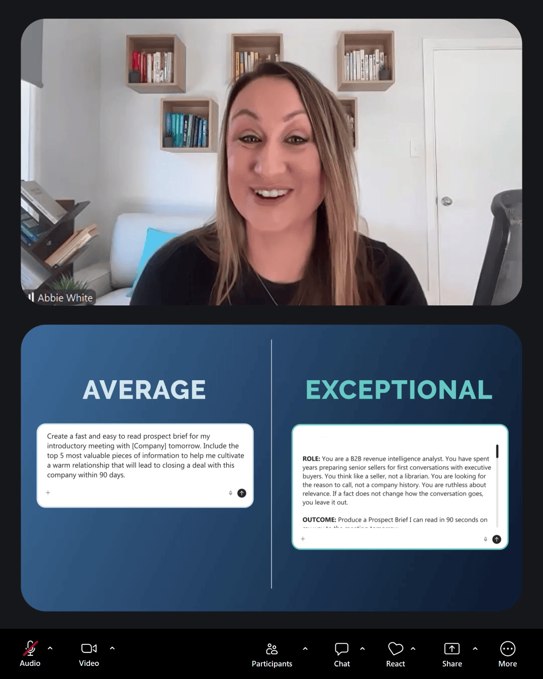 Animated preview of Sales Redefined CEO Abbie White delivering a live virtual masterclass with a live AI use case demo and prompt template.