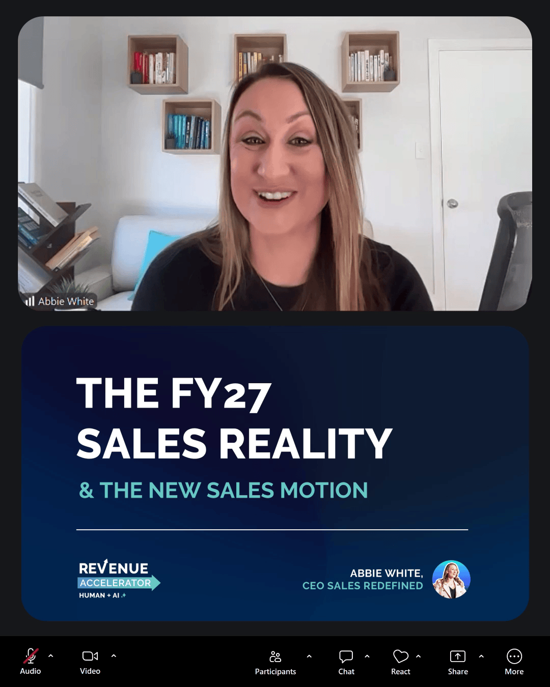 An animated GIF of growth strategist Abbie White delivering a live virtual session in the Human + AI REVenue Accelerator program for B2B sales teams.