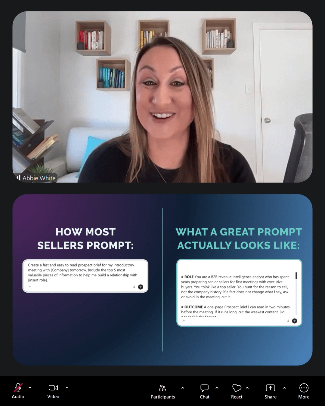 Animated preview of Sales Redefined CEO Abbie White delivering a live virtual masterclass showing an AI prompt template