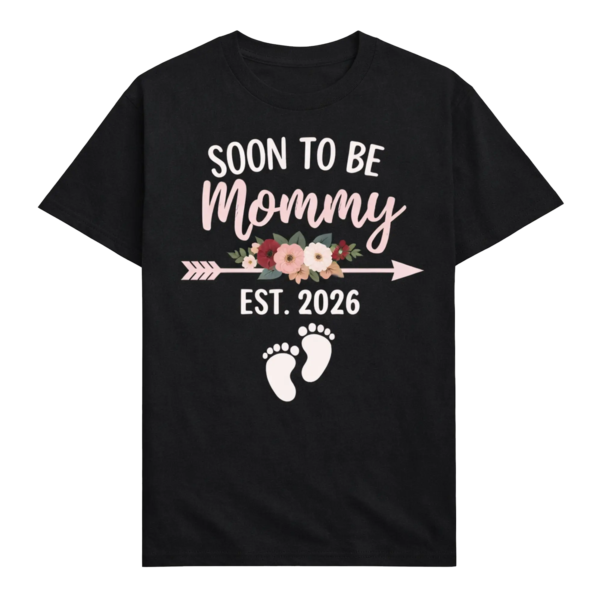 Black t-shirt with soon to be mommy est 2026 design featuring floral arrow and baby footprints