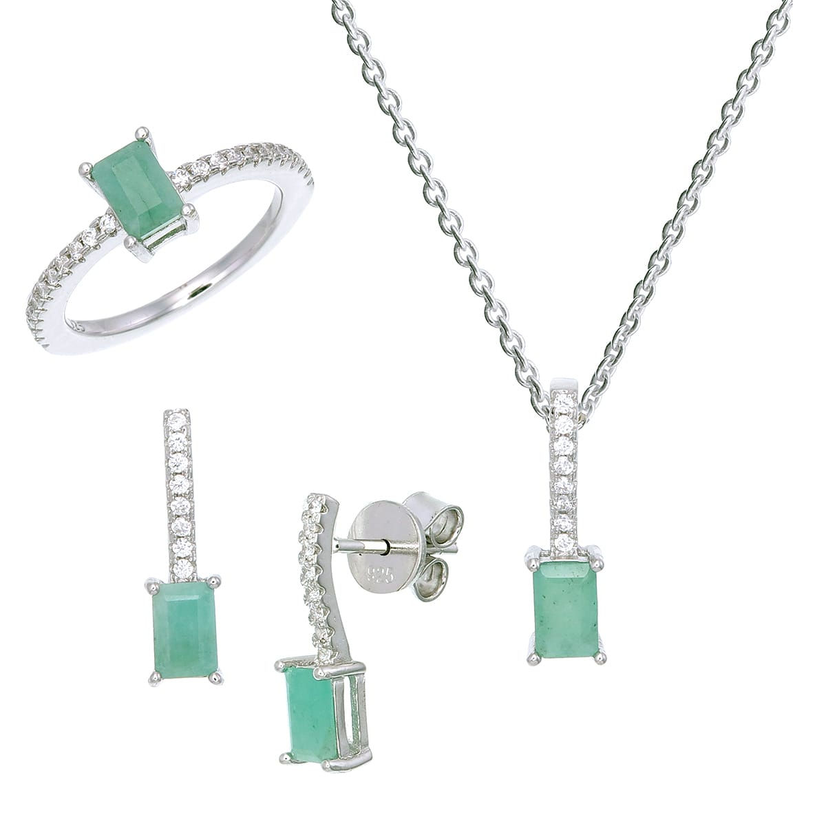 Set Plata con Jade y Zirconias Baño en Rodio