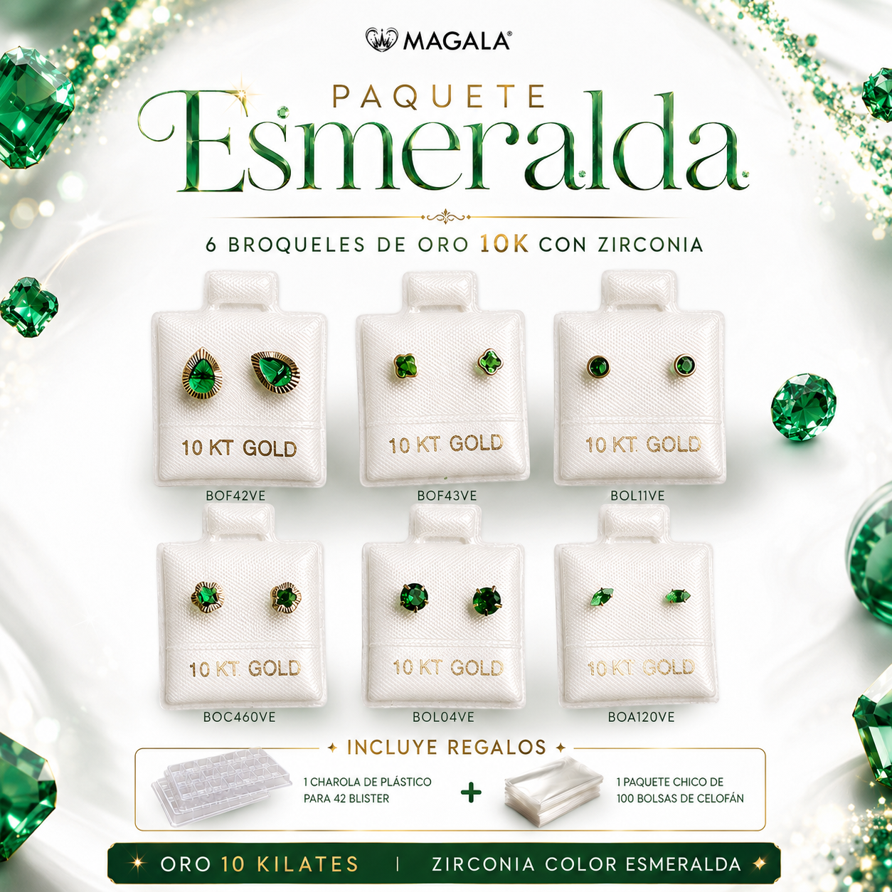 Paquete Esmeralda, 6 broqueles en Oro 10K con Zirconias color verde esmeralda.