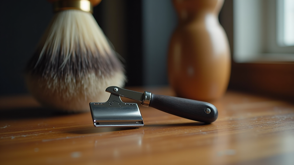 Close-up view of a straight razor and shaving brush on a wooden counter