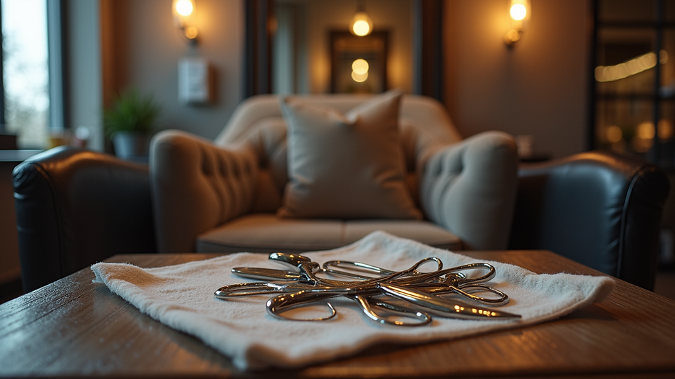 Eye-level view of a luxury grooming chair and tools arranged neatly