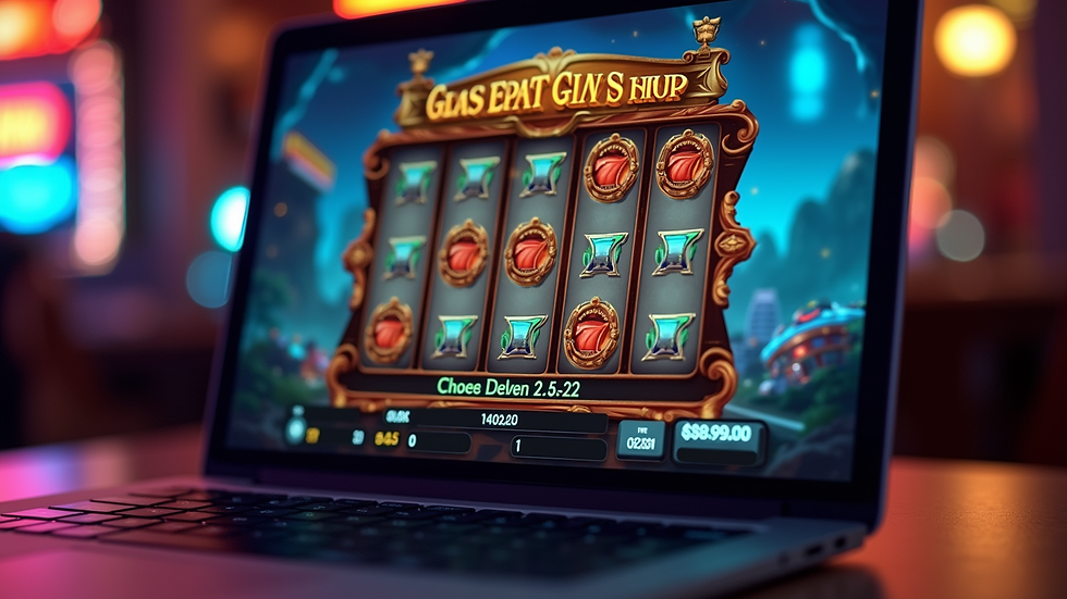 Eye-level view of a laptop screen showing an online slot game interface
