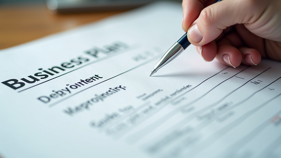 Close-up view of a business plan document with notes and a pen