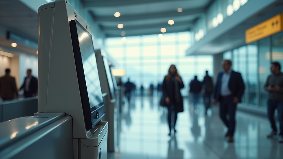Eye-level view of a self-service kiosk in a busy airport terminal