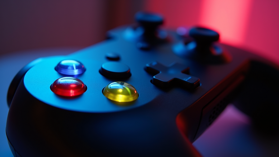 Close-up view of a game controller with colorful LED lights