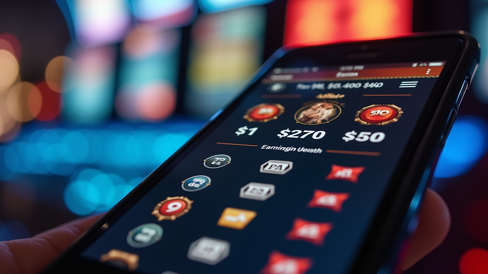 Close-up view of a smartphone showing slot game earnings dashboard