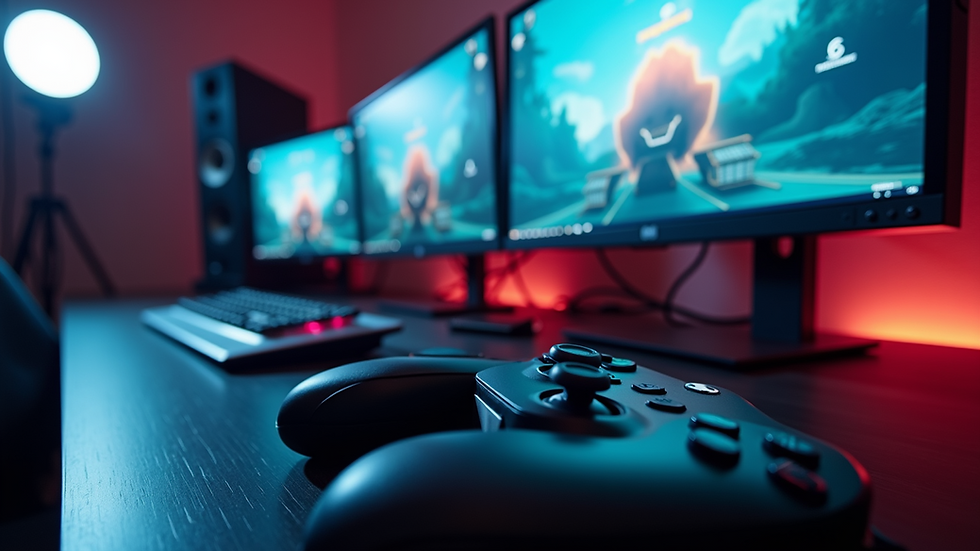Eye-level view of a gaming console setup with multiple screens