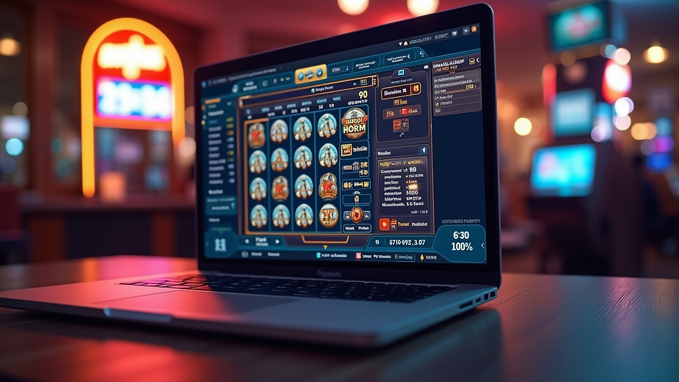 Eye-level view of a laptop displaying an online slot game dashboard
