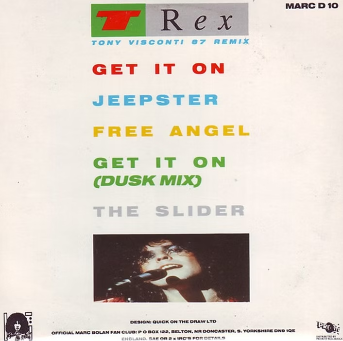 T. Rex 1987 UK CD Single featuring Tony Visconti's remixes, including "Get It On" and "The Slider," showcasing iconic tracks and a photograph of Marc Bolan.