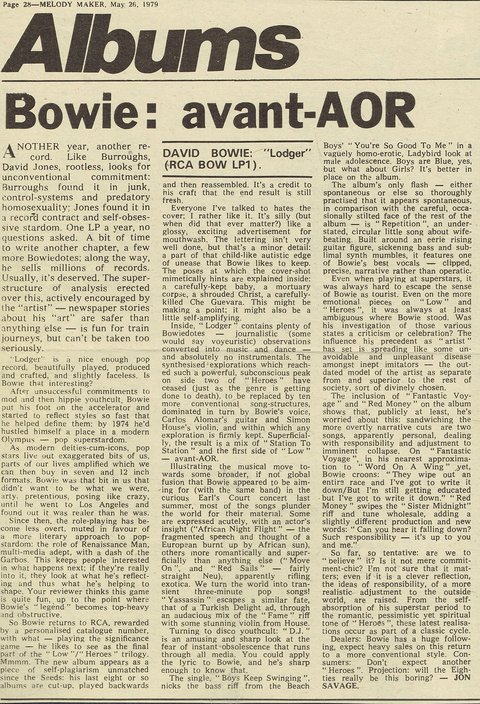 David Bowie (May 26, 1979) Lodger Review - Melody Maker
