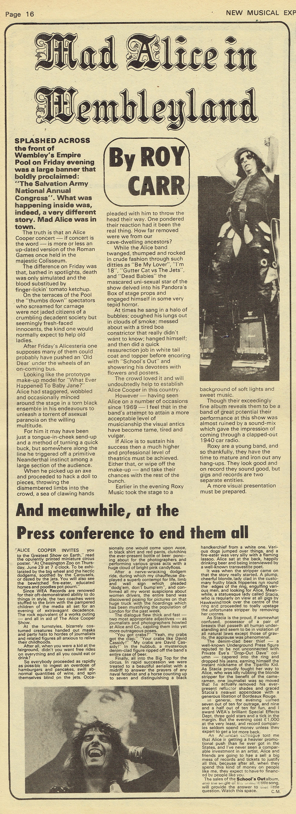 Alice Cooper Group (July 8, 1972) "Mad Alice in Wembleyland" – NME Major Feature