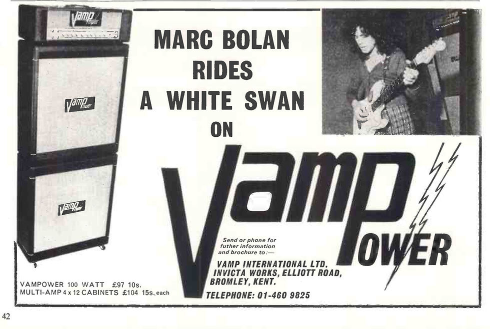 T. Rex (December 1, 1970) Marc Bolan Rides A White Swan – Vamp Power Advertisement (Beat Instrumental Magazine)