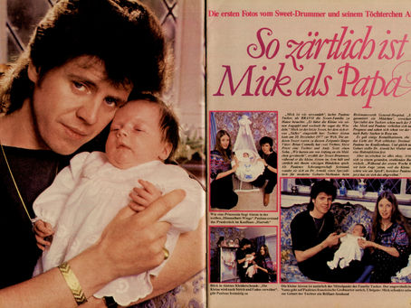 A two‑page BRAVO magazine spread showing Sweet drummer Mick Tucker holding his newborn daughter Aiston, with additional photos of Mick and wife Pauline in the baby’s nursery, accompanied by German captions describing the family’s joy.