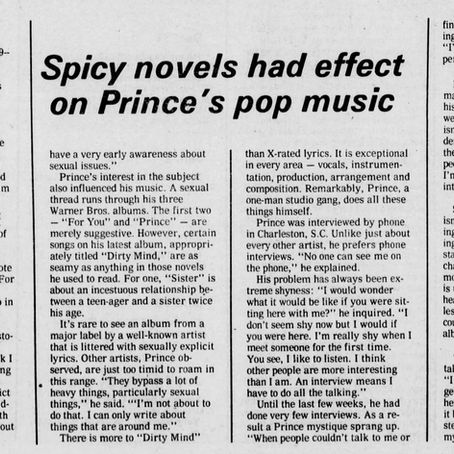 Prince (December 26, 1980) “Spicy novels had effect on Prince’s pop music” – The Greenville News