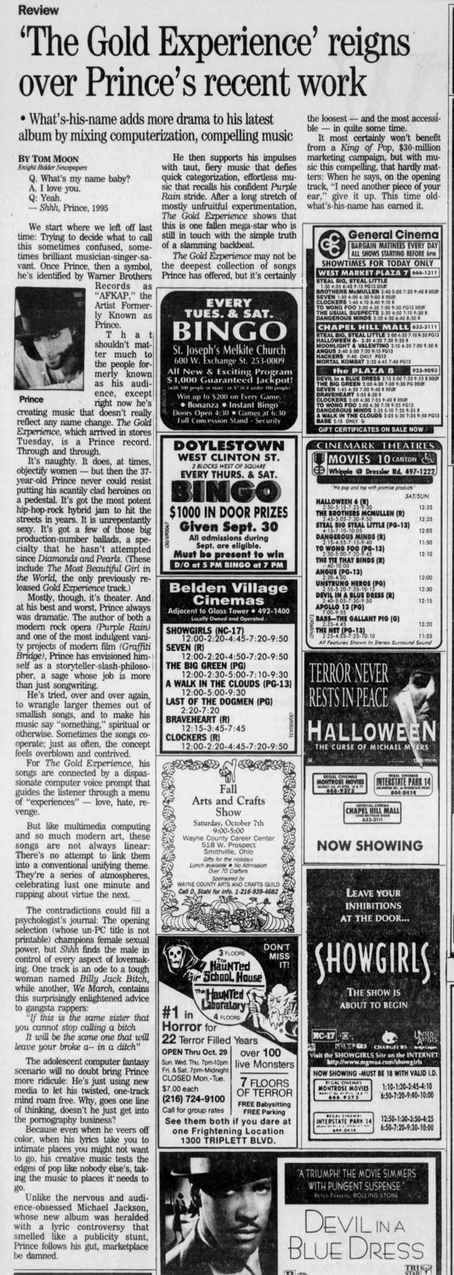 Prince (September 30, 1995) – “‘The Gold Experience’ Reigns” Review – Akron Beacon Journal