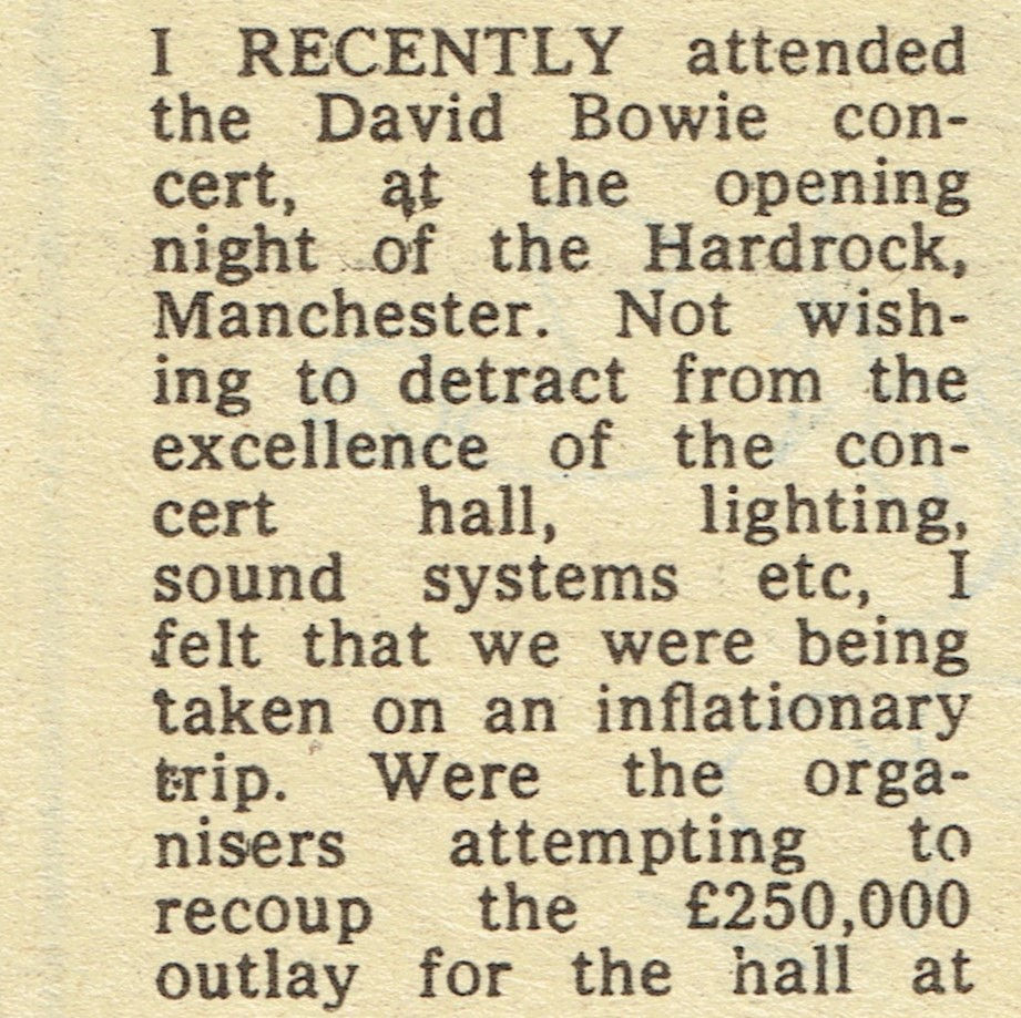 David Bowie (September 30, 1972) – “Hard Rock Prices Protest” Letter - Unknown Publication