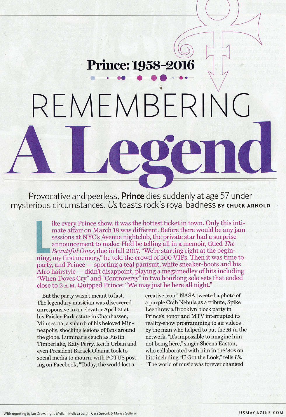 Thumbnail: US Weekly  Magazine Cover & 6 Page Feature Prince 1985 -