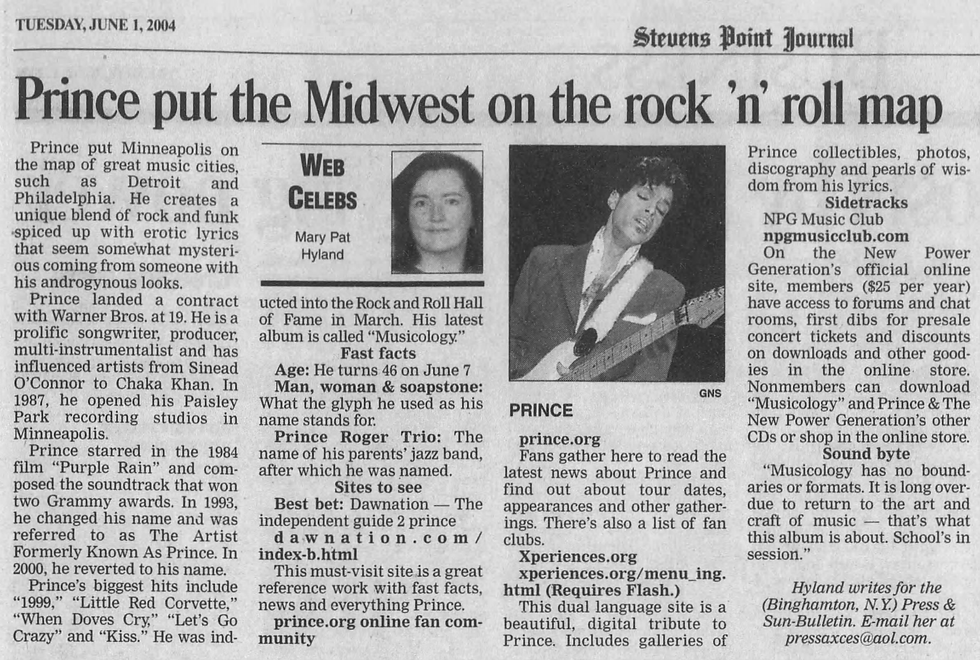 Prince (June 1, 2004) “Prince put the Midwest on the rock ’n’ roll map” – Stevens Point Journal (US)